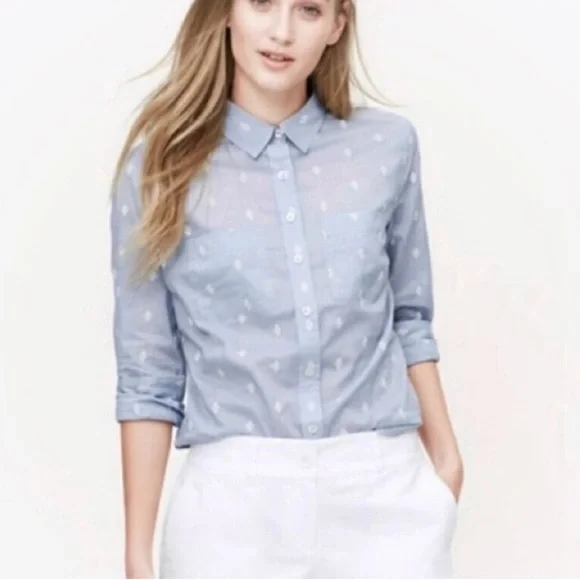LOFT Tops Loft Pale Chambray Blue Diamond Print Button Down